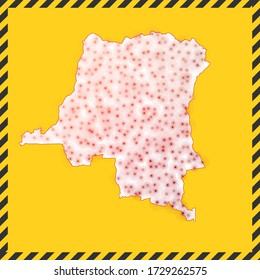 DR Congo closed - virus danger sign. Lockdown country icon. Black striped border around map with virus spread concept. Vector illustration.