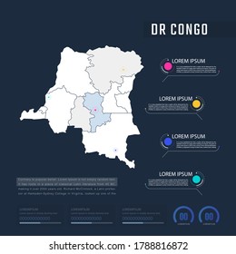 Vector de infografías de mapas de países de la República Democrática del Congo con marcas de puntero y círculo.  Plantilla de infografía editable. Ilustración del vector