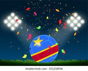  DR Congo flag in soccer ball with confetti in stadium to celebrate for football match in night time with spot light backdrop, This design for sport template, banner in vector illustration