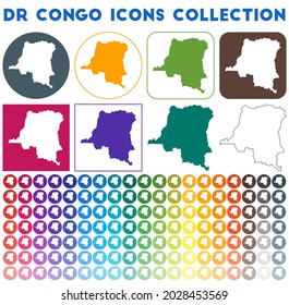 DR Congo icons collection. Bright, colorful, trendy map icons. Modern DR Congo badge with country map. Vector illustration.