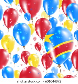 DR Congo Independence Day Seamless Pattern. Flying Rubber Balloons in Colors of the Congolese Flag. Happy DR Congo Day Patriotic Card with Balloons, Stars and Sparkles.
