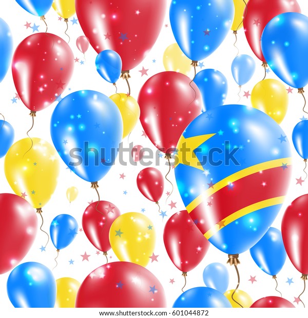 DR Congo Independence\
Day Seamless Pattern. Flying Rubber Balloons in Colors of the\
Congolese Flag. Happy DR Congo Day Patriotic Card with Balloons,\
Stars and Sparkles.