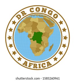 DR Congo logo. Round badge of country with map of DR Congo in world context. Country sticker stamp with globe map and round text. Vector illustration.