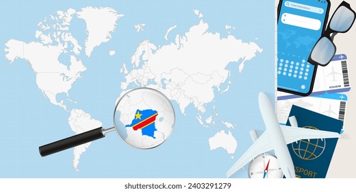 DR Congo is magnified over a World Map, illustration with airplane, passport, boarding pass, compass and eyeglasses. Vector illustration.