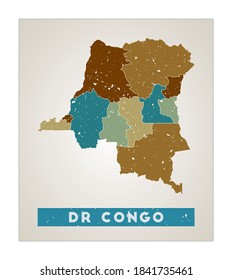 Mapa de RD Congo. Afiche del país con las regiones. Vieja textura gruesa. Forma de RD Congo con nombre de país. Ilustración vectorial radiante.