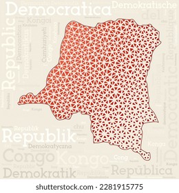 Diseño de mapas de DR. CONGO. Nombres de países en diferentes idiomas y forma de mapa con triángulos geométricos de polos bajos. Excelente ilustración vectorial de la República Democrática del Congo.