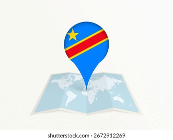 Mapa da RD do Congo com Bandeira Nacional no Mapa do Mundo Aberto. Perfeito para uso em guias de viagem, conteúdo geográfico, conceitos de posicionamento global e temas de negócios internacionais.