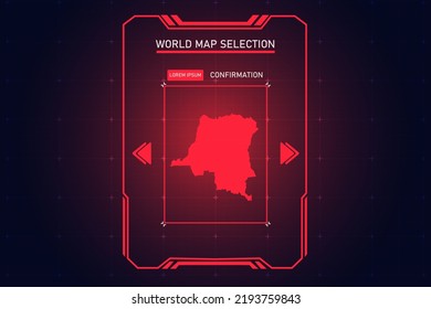 DR Congo Map - World Map International vector template with Red Color in perspective style and HUD, GUI, UI interface isolated on black background for design - Vector illustration eps 10