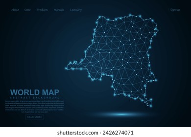 DR Congo Map - Mapa Mundial de la línea de masa y escalas de puntos en el fondo de la tecnología azul. Línea de red poligonal de malla 3D de marco de alambre, esfera de diseño, punto y estructura - Ilustración vectorial eps 10