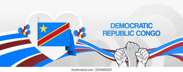 DR Congo national day festive banner. Vibrant modern template for national holiday celebration with raised hands and flag. June 30th. Happy independence Democratic Republic of the Congo