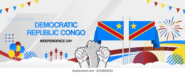 DR Congo national day festive banner. Vibrant modern template for national holiday celebration with raised hands and flag. June 30th. Happy independence Democratic Republic of the Congo