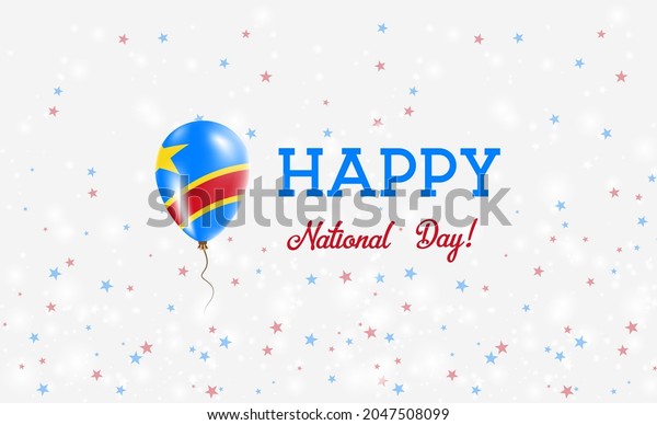 DR Congo\
National Day patriotic poster. Flying Rubber Balloon in Colors of\
the Congolese Flag. DR Congo National Day background with Balloon,\
Confetti, Stars, Bokeh and\
Sparkles.