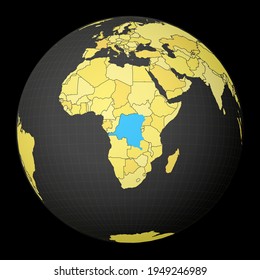 R.D. Congo en el mundo oscuro con mapa del mundo amarillo. País resaltado con color azul. La proyección mundial por satélite se centró en la República Democrática del Congo. Ilustración vectorial genial.
