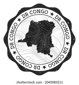 Außenmarke der DR Kongo. Rundaufkleber mit Landkarte mit topographischen Isolinen. Vektorgrafik. Kann als Insignien, Logotyp, Etikett, Aufkleber oder Abzeichen der DR Kongo verwendet werden.