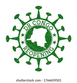 DR Congo Reopening Stamp. Green round badge of the country with a map of DR Congo. Country opening after lockdown. Vector illustration.