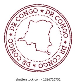 DR Congo round rubber stamp with country map. Vintage red passport stamp with circular text and stars, vector illustration.