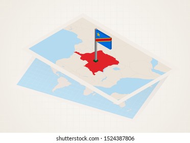 DR Congo Selected On Map With 3D Flag Of DRC. Vector Paper Map.