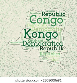 DR Congo shape with country names word cloud in multiple languages. DR Congo border map on cool triangles scattered around. Stylish vector illustration.