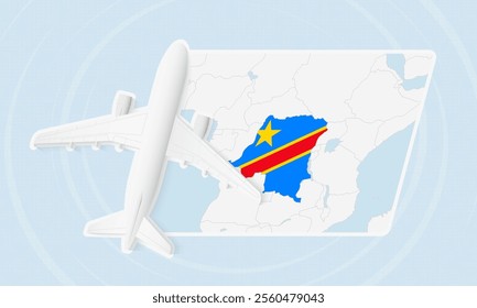 DR Congo Travel Illustration with Plane and National Flag. Ideal for travel agencies, promotional materials, or geographic content related to DR Congo.