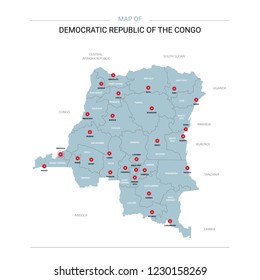DR of the Congo vector map. Editable template with regions, cities, red pins and blue surface on white background. 