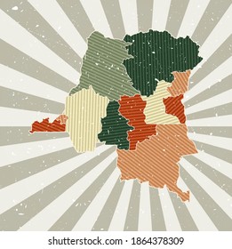 DR Congo vintage map. Grunge poster with map of the country in retro color palette. Shape of DR Congo with sunburst rays background. Vector illustration.