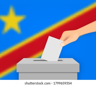DR Congo vote election banner background. Ballot Box with blurred flag