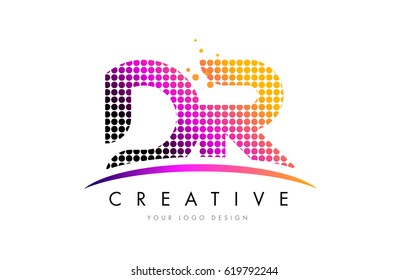DR D R Dots Letter Logo Design with Magenta Bubble Circles and Swoosh