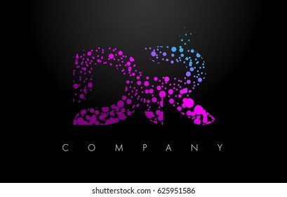 DR D R Letter Logo with Purple Blue Particles and Bubble Dots Design Vector.