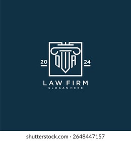 Logotipo do monograma inicial DR para escritório de advocacia com design de pilares em quadrado criativo