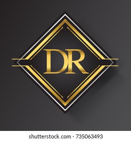 DR Letter logo in a square shape gold and silver colored geometric ornaments. Vector design template elements for your business or company identity.