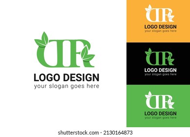 DR letters eco logo with leaf. Vector typeface for nature posters, eco friendly emblem, vegan identity, herbal and botanical cards etc. Ecology DR letters logo with green leaf.