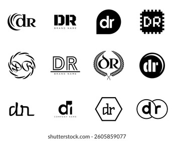 DR logo company template. Letter d and r logotype. Set different classic serif lettering and modern bold text with design elements. Initial font typography. Collection trendy business identity.