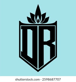 DR Logo featuring a minimalist design with a crown-like flower symbol on top, bold black elements, and a soft blue background, perfect for branding and modern visual identity.
