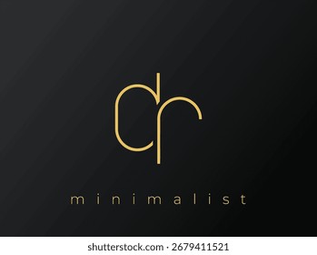 Logotipo minimalista DR com formas entrelaçadas no plano de fundo preto sólido. Um design de logotipo minimalista limpo e moderno.