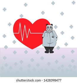 Dr. Panda protects the heart. Cartun, doodle, vector 