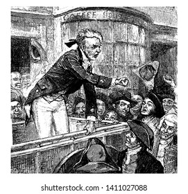 Dr. Warren and some of the other patriots  persuading the citizens not to do anything rash,vintage line drawing or engraving illustration.