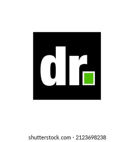 DR. written on black square. doctor initial letters with green dot.
