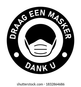 Draag een masker Dank u ("Wear a Face Mask Gracias" en holandés) Icono de instrucción redonda con signo de máscara de texto y cara. Imagen vectorial.