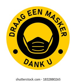 Draag een masker Dank u ("Wear a Face Mask Gracias" en holandés) Icono de instrucción redonda con signo de máscara de texto y cara. Imagen vectorial.