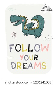 DRACO. Cute cartoon dragon illustration. Print for t-shirts, cards, posters, pillows. Vector.  Follow your dreams.