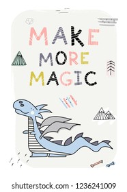 DRACO. Cute cartoon dragon illustration. Print for t-shirts, cards, posters, pillows. Vector.  Make more magic.