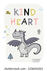 DRACO. Cute cartoon dragon illustration. Print for t-shirts, cards, posters, pillows. Vector.  Kind heart.