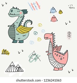 DRACO. Cute cartoon dragon illustration. Pattern for t-shirts, cards, posters, pillows. Vector. 