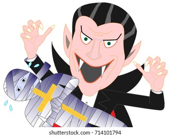 Dracula attacking the mummy on Halloween day.