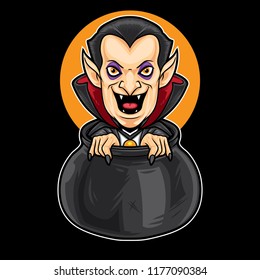 Dracula in a big pot smiling. Vampie