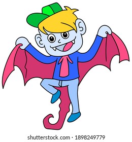 dracula boy flying at night scaring humans, doodle draw kawaii. vector illustration art