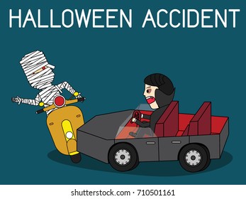 Dracula car Issue with a mummy scooter on night. Flat Vector Illustration.