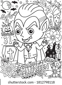 Dracula cartoon and Halloween day elements, pumpkin, bats, and flower decoration. Hand-drawn lines. Doodles art for greeting cards, invitation, or poster. Coloring book for adults and kids.