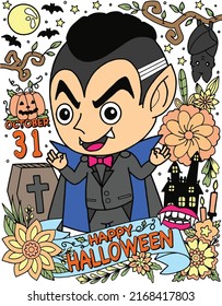 Dracula cartoon and Halloween day elements, pumpkin, bats, and flower decoration. Hand-drawn lines. Doodles art for greeting cards, invitation, or poster. Coloring book for adults and kids.