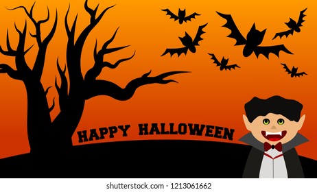 Dracula cartoon and "HAPPY HALLOWEEN" text on gradient orange background with black spooky tree and black bats.
